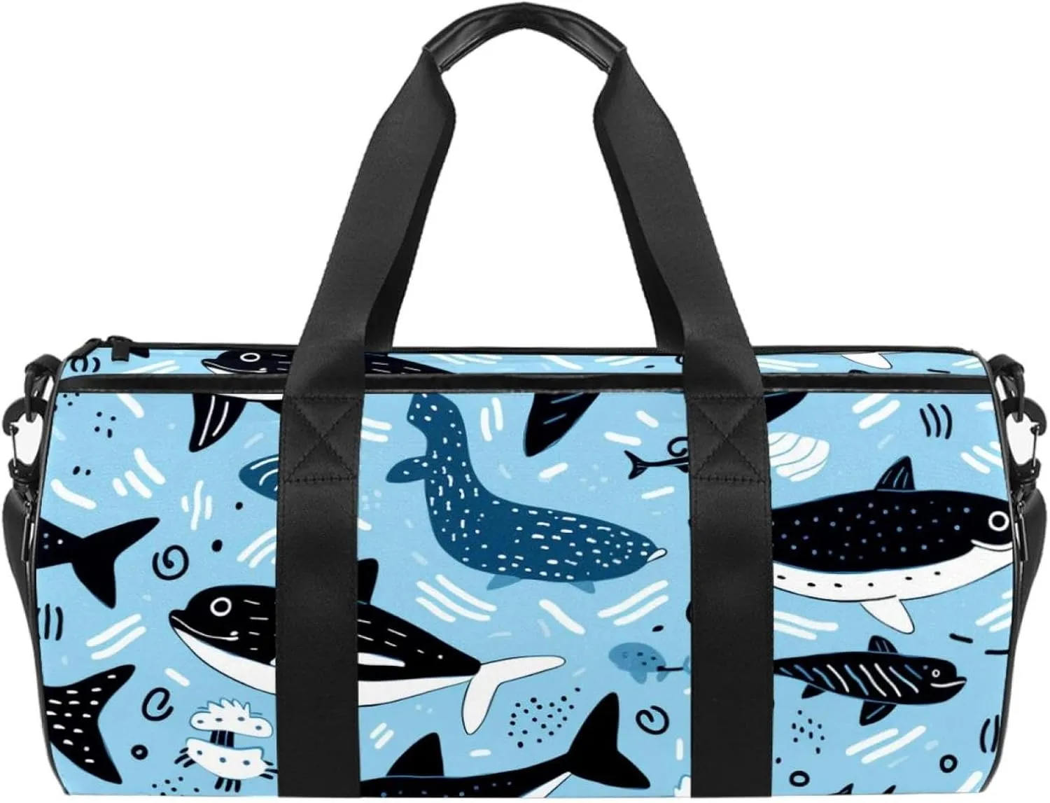 Weekender Travel Bag,Small Gym Bag,Cartoon Dolphin Fish Sea Black Blue,Gym Duffle Bag