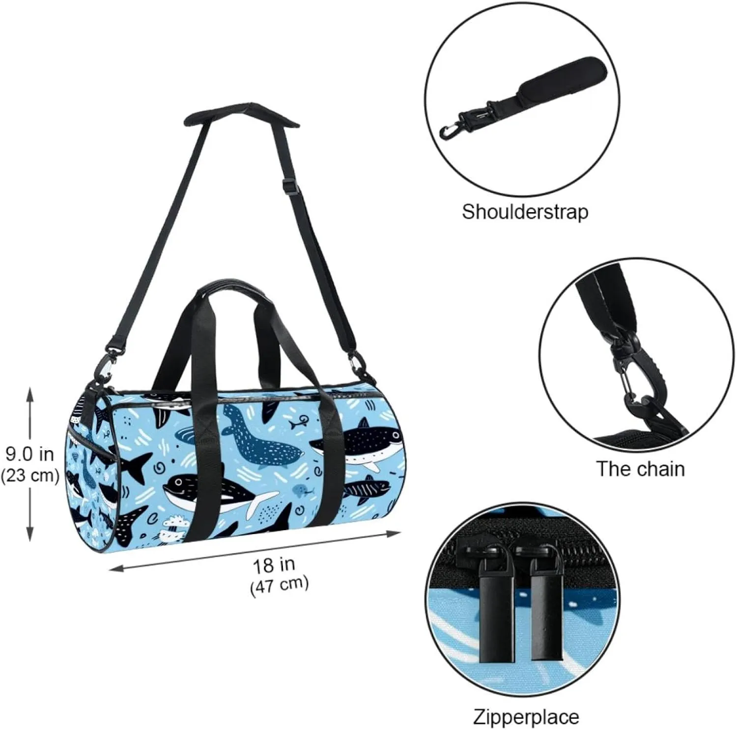 Weekender Travel Bag,Small Gym Bag,Cartoon Dolphin Fish Sea Black Blue,Gym Duffle Bag