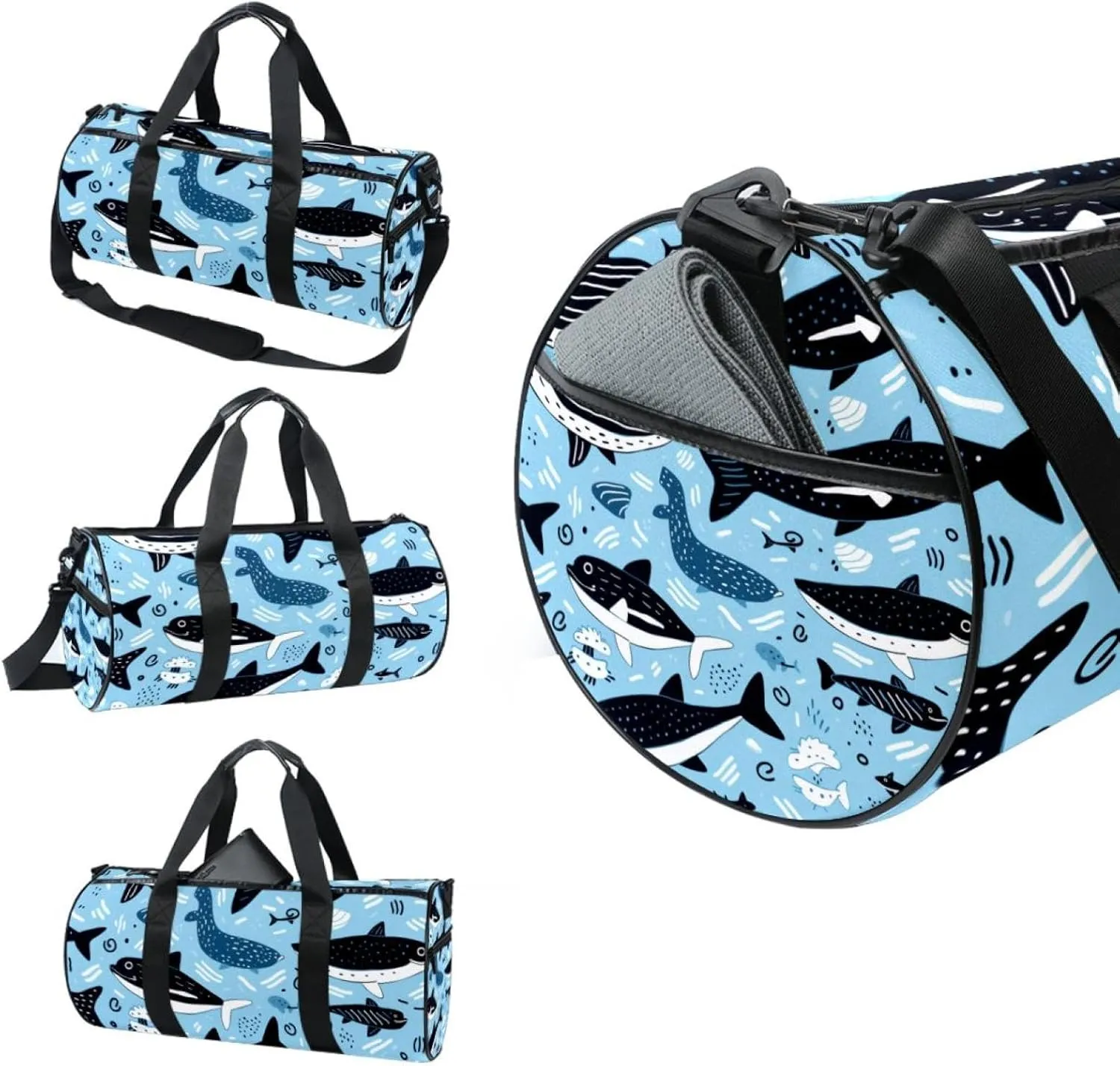 Weekender Travel Bag,Small Gym Bag,Cartoon Dolphin Fish Sea Black Blue,Gym Duffle Bag