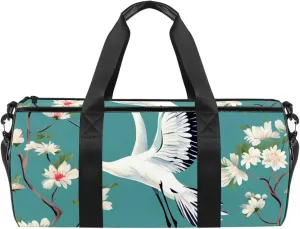 Weekender Travel Bag,Small Gym Bag,Crane Floral Green Background,Gym Duffle Bag