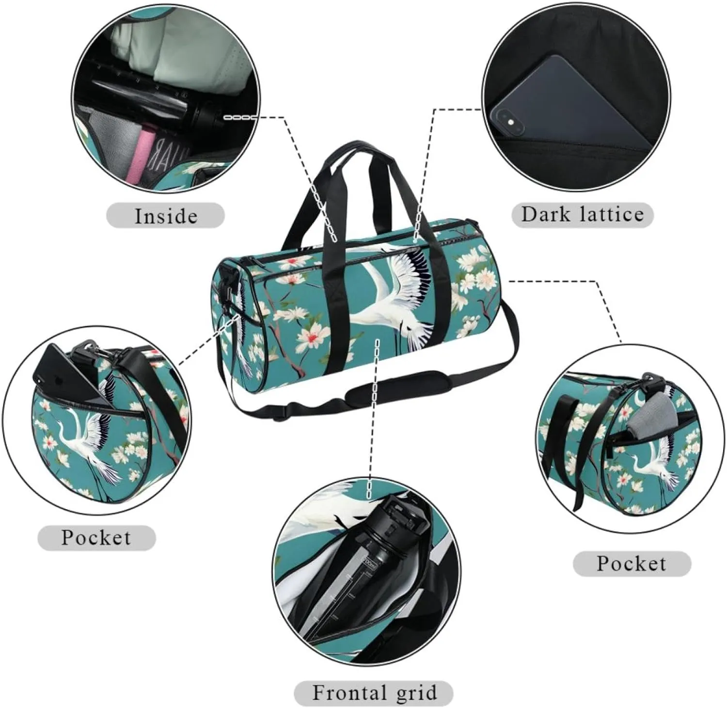 Weekender Travel Bag,Small Gym Bag,Crane Floral Green Background,Gym Duffle Bag