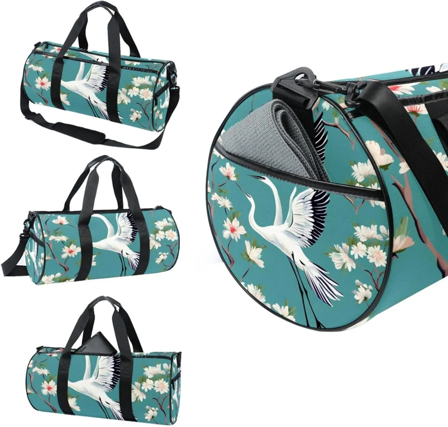 Weekender Travel Bag,Small Gym Bag,Crane Floral Green Background,Gym Duffle Bag