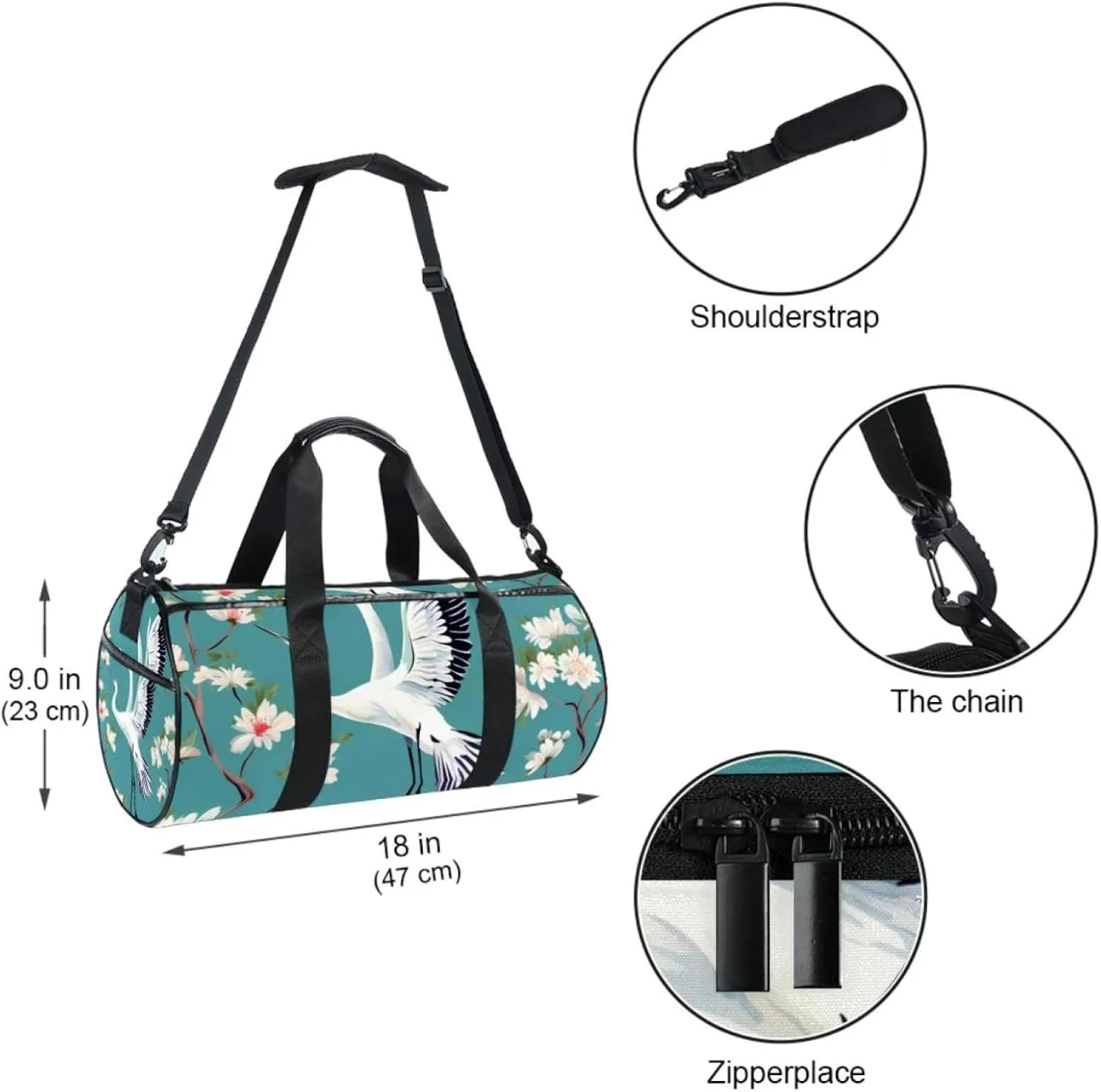 Weekender Travel Bag,Small Gym Bag,Crane Floral Green Background,Gym Duffle Bag
