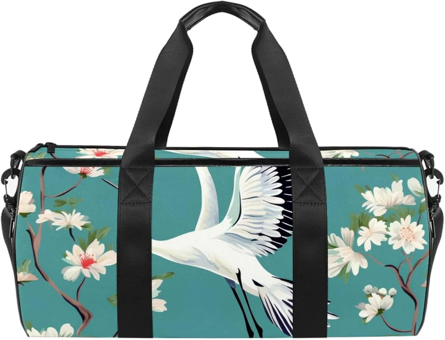 Weekender Travel Bag,Small Gym Bag,Crane Floral Green Background,Gym Duffle Bag
