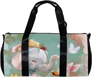 Weekender Travel Bag,Small Gym Bag,Flower Bush Rabbit and Elephant,Gym Duffle Bag