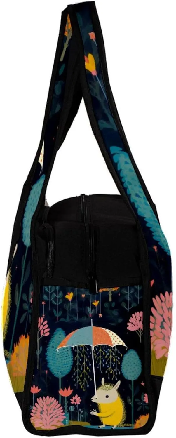 Weekender Travel Bag,Small Gym Bag,Umbrella Cartoon Forest Animal Raining,Gym Duffle Bag