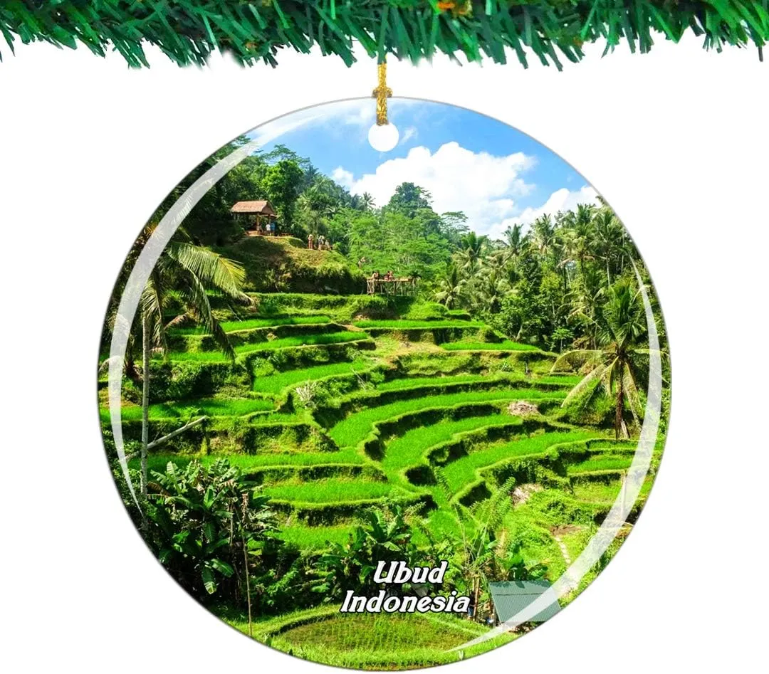 Weekino Indonesia Tegalalang Rice Terrace Ubud Bali Christmas Ornament City Travel Souvenir Collection Double Sided Porcelain 2.85 Inch Hanging Tree Decoration