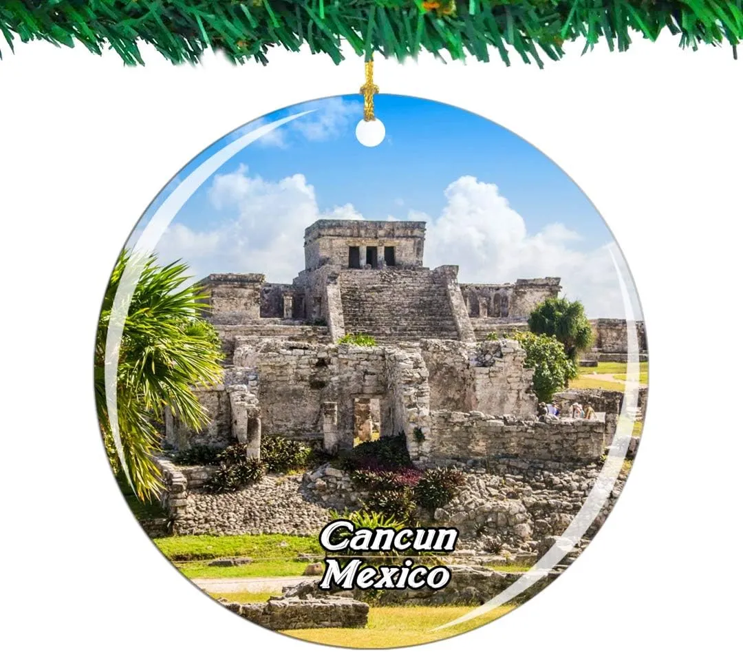 Weekino Mexico Tulum Mayan Ruins Cancun Christmas Ornament City Travel Souvenir Collection Double Sided Porcelain 2.85 Inch Hanging Tree Decoration