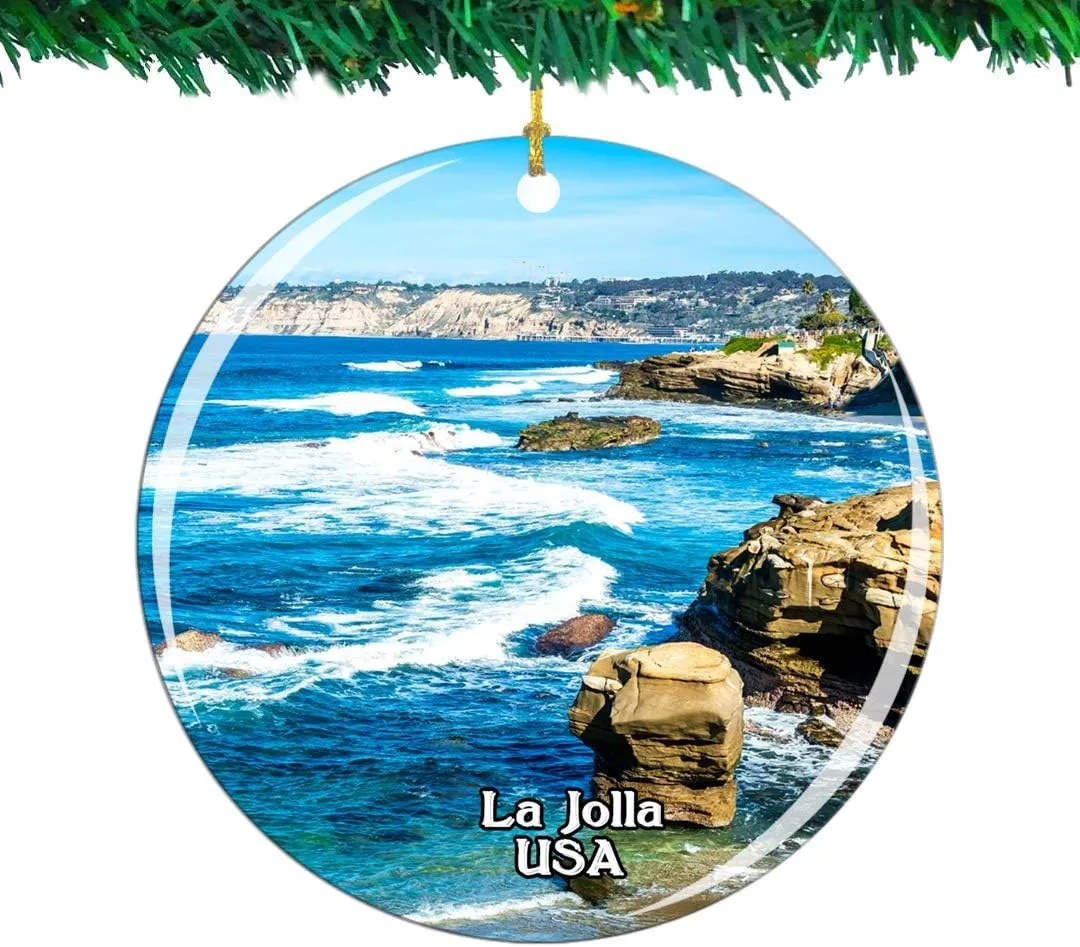 Weekino USA America La Jolla Cove Christmas Ornament City Travel Souvenir Collection Double Sided Porcelain 2.85 Inch Hanging Tree Decoration