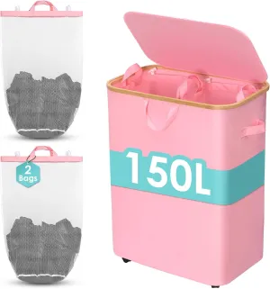 WELTRXE Laundry Basket with Wheels, 150L Large Clothes Hamper for Laundry, Collapsible & Waterproof Laundry Hamper with Lid and Removable Inner Bag, for Laundry Room, Bedroom, Dormitory Storage, Pink