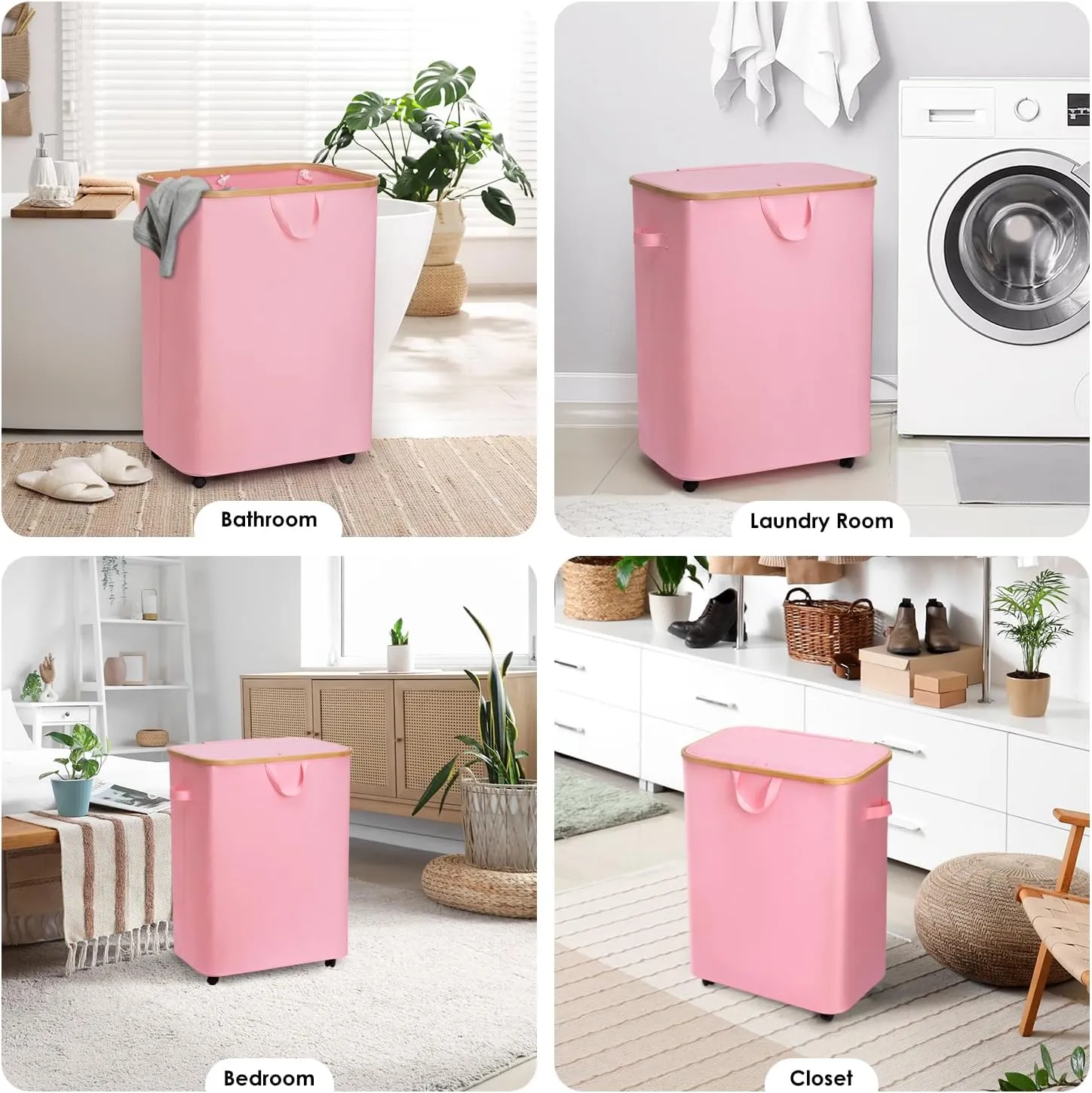 WELTRXE Laundry Basket with Wheels, 150L Large Clothes Hamper for Laundry, Collapsible & Waterproof Laundry Hamper with Lid and Removable Inner Bag, for Laundry Room, Bedroom, Dormitory Storage, Pink
