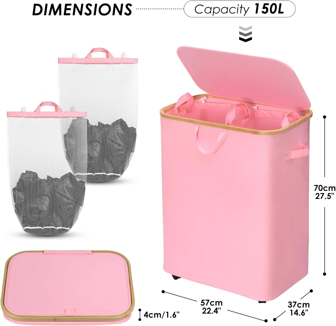 WELTRXE Laundry Basket with Wheels, 150L Large Clothes Hamper for Laundry, Collapsible & Waterproof Laundry Hamper with Lid and Removable Inner Bag, for Laundry Room, Bedroom, Dormitory Storage, Pink