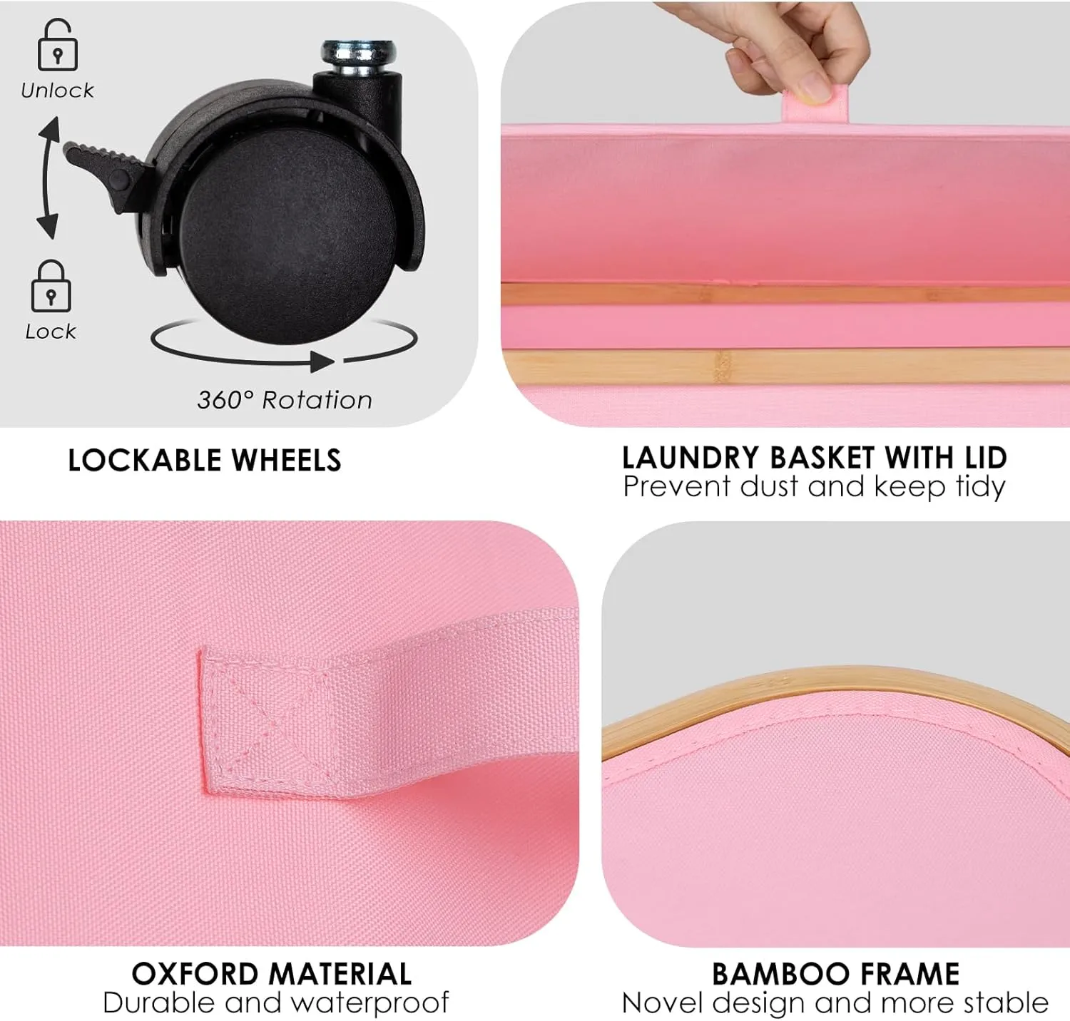WELTRXE Laundry Basket with Wheels, 150L Large Clothes Hamper for Laundry, Collapsible & Waterproof Laundry Hamper with Lid and Removable Inner Bag, for Laundry Room, Bedroom, Dormitory Storage, Pink