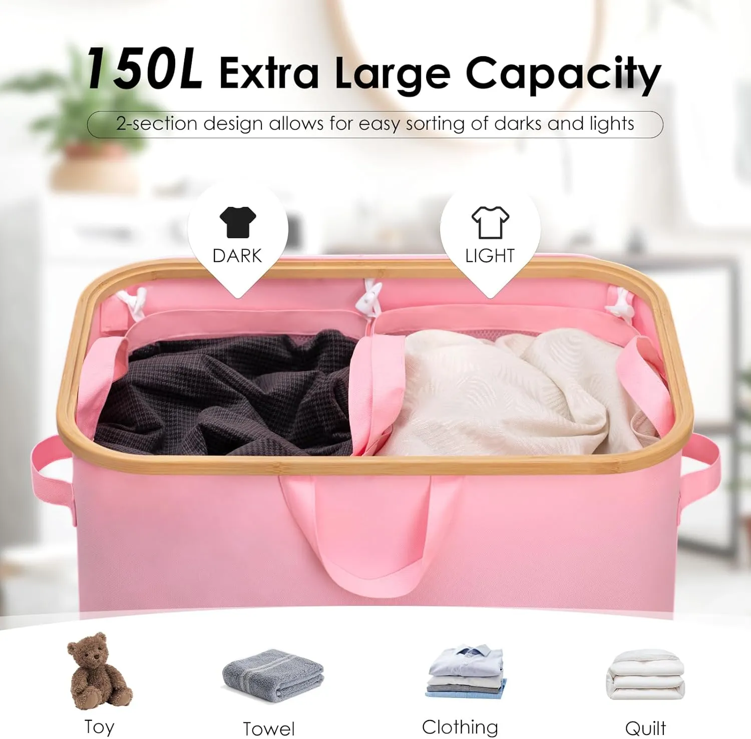 WELTRXE Laundry Basket with Wheels, 150L Large Clothes Hamper for Laundry, Collapsible & Waterproof Laundry Hamper with Lid and Removable Inner Bag, for Laundry Room, Bedroom, Dormitory Storage, Pink