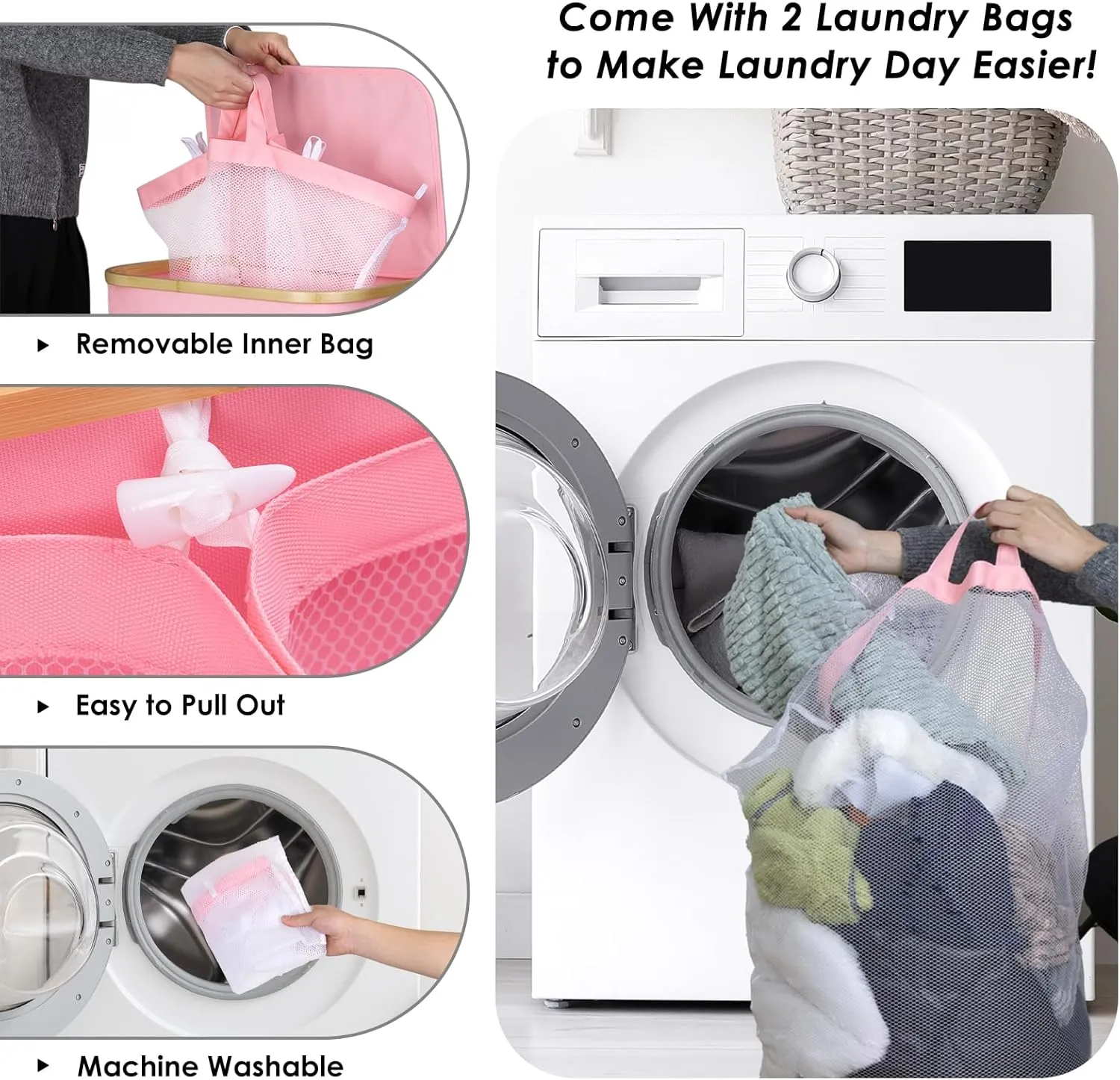 WELTRXE Laundry Basket with Wheels, 150L Large Clothes Hamper for Laundry, Collapsible & Waterproof Laundry Hamper with Lid and Removable Inner Bag, for Laundry Room, Bedroom, Dormitory Storage, Pink