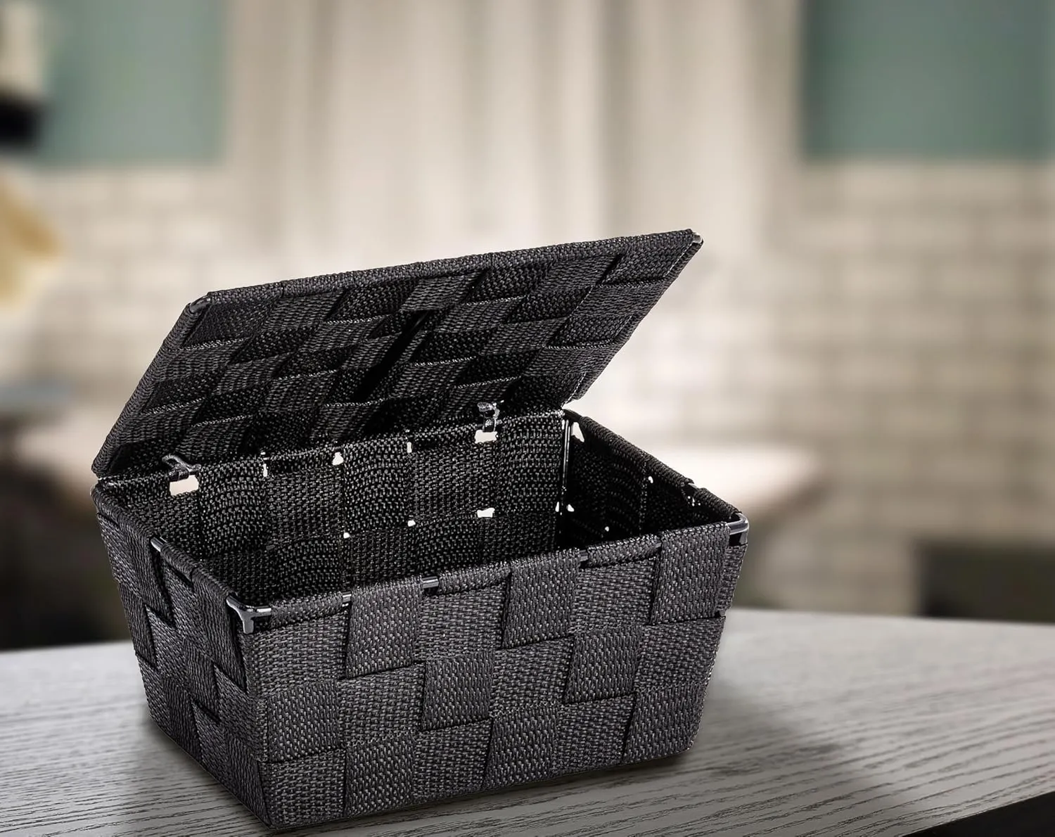 WENKO Storage Adria Black with lid-Bathroom Basket, Polypropylene, 19 x 10 x 14 cm