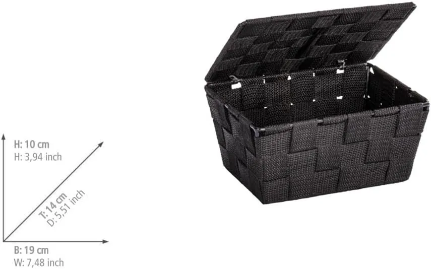 WENKO Storage Adria Black with lid-Bathroom Basket, Polypropylene, 19 x 10 x 14 cm