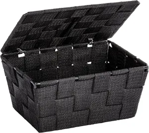 WENKO Storage Adria Black with lid-Bathroom Basket, Polypropylene, 19 x 10 x 14 cm