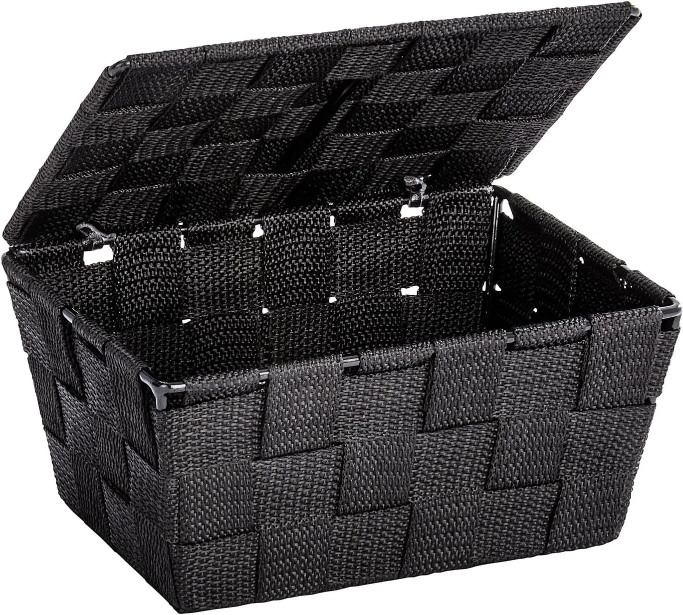 WENKO Storage Adria Black with lid-Bathroom Basket, Polypropylene, 19 x 10 x 14 cm