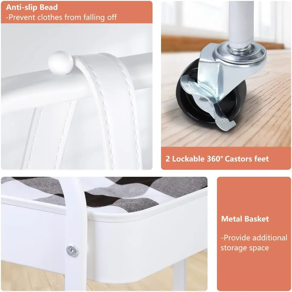 White Portable Clothing Rack, 2-in-1 Rolling Garment Organizer with Metal Baskets, Laundry Cart with Hanging Rack, Small Wardrobe on Wheels for Bedroom