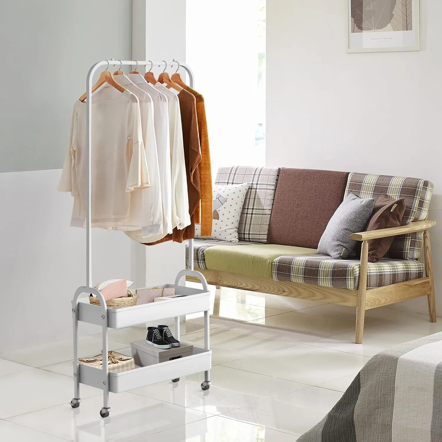 White Portable Clothing Rack, 2-in-1 Rolling Garment Organizer with Metal Baskets, Laundry Cart with Hanging Rack, Small Wardrobe on Wheels for Bedroom