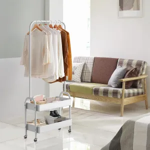 White Portable Clothing Rack, 2-in-1 Rolling Garment Organizer with Metal Baskets, Laundry Cart with Hanging Rack, Small Wardrobe on Wheels for Bedroom