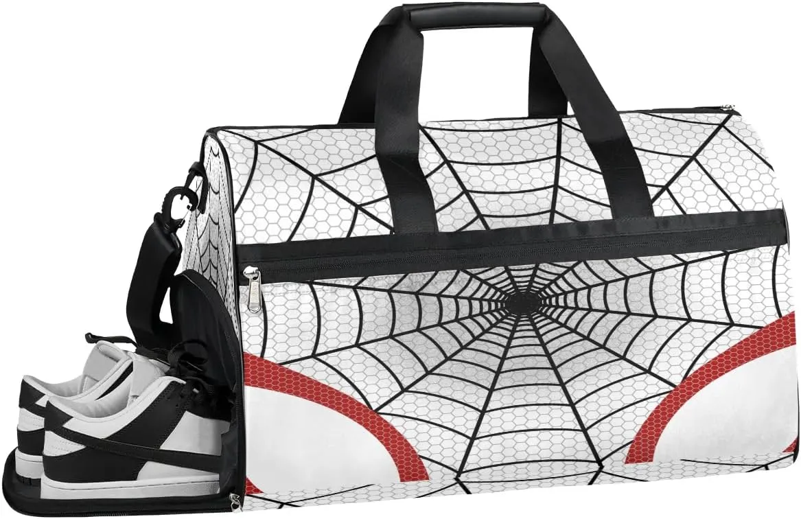 White Spider Web Overnighter Duffel Bags for Boys Men, Carry-On Size Sports Gym Bag with Shoe Compartments for School Practice or Overnight Travel Weekender Sleepover Tote Bag