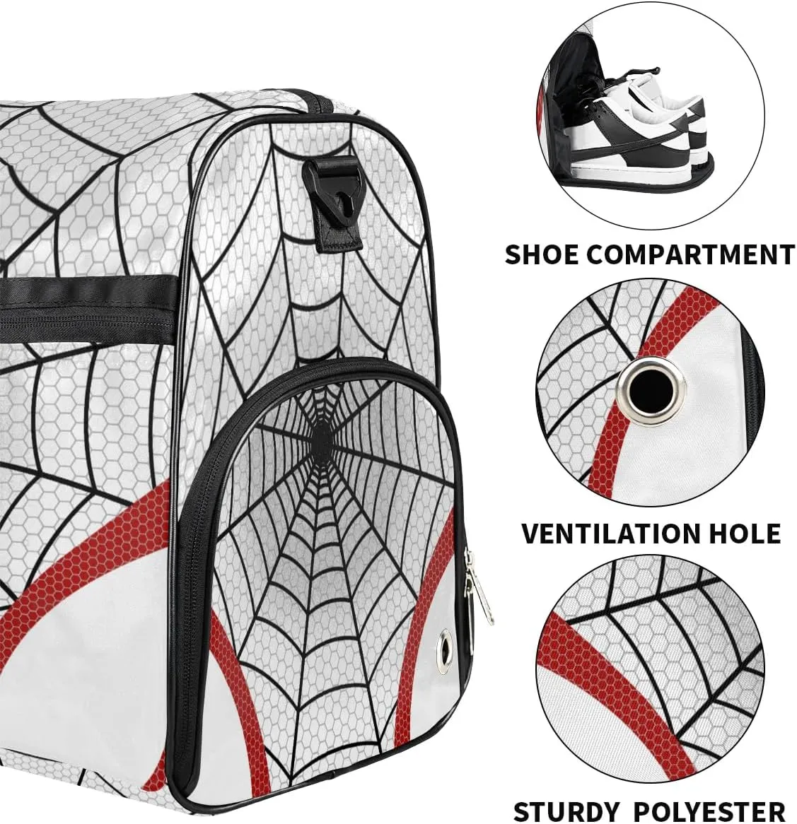 White Spider Web Overnighter Duffel Bags for Boys Men, Carry-On Size Sports Gym Bag with Shoe Compartments for School Practice or Overnight Travel Weekender Sleepover Tote Bag