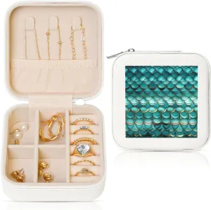 White Square Leather Mermaid Teal Fish Scale Print Jewelry Box â€“ Portable Storage for Rings, Earrings, Necklaces, Bracelets