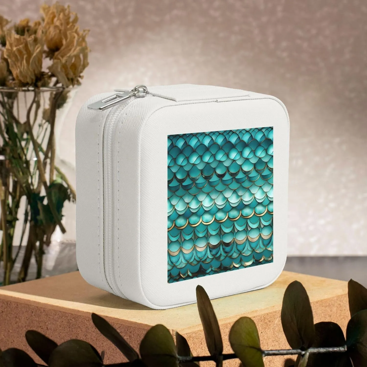 White Square Leather Mermaid Teal Fish Scale Print Jewelry Box â€“ Portable Storage for Rings, Earrings, Necklaces, Bracelets