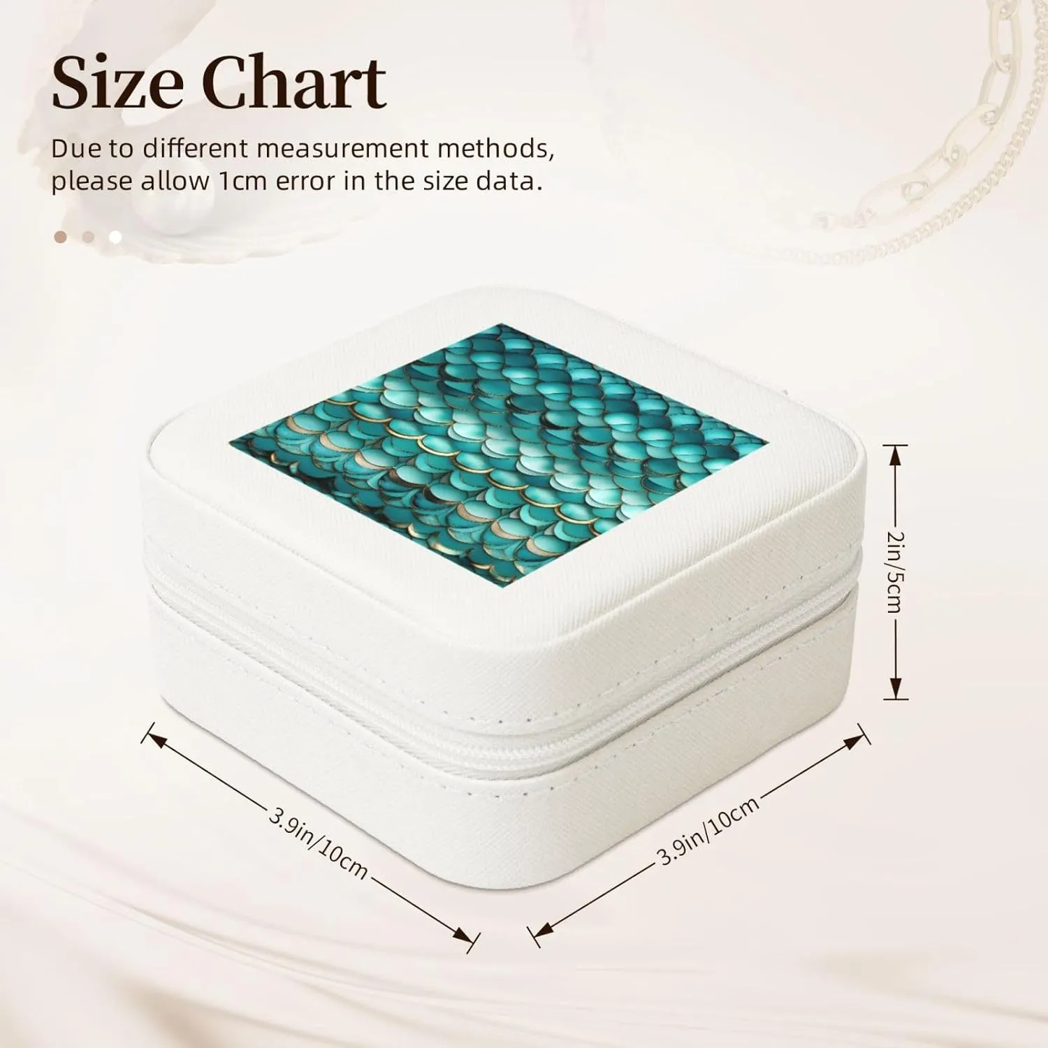 White Square Leather Mermaid Teal Fish Scale Print Jewelry Box â€“ Portable Storage for Rings, Earrings, Necklaces, Bracelets