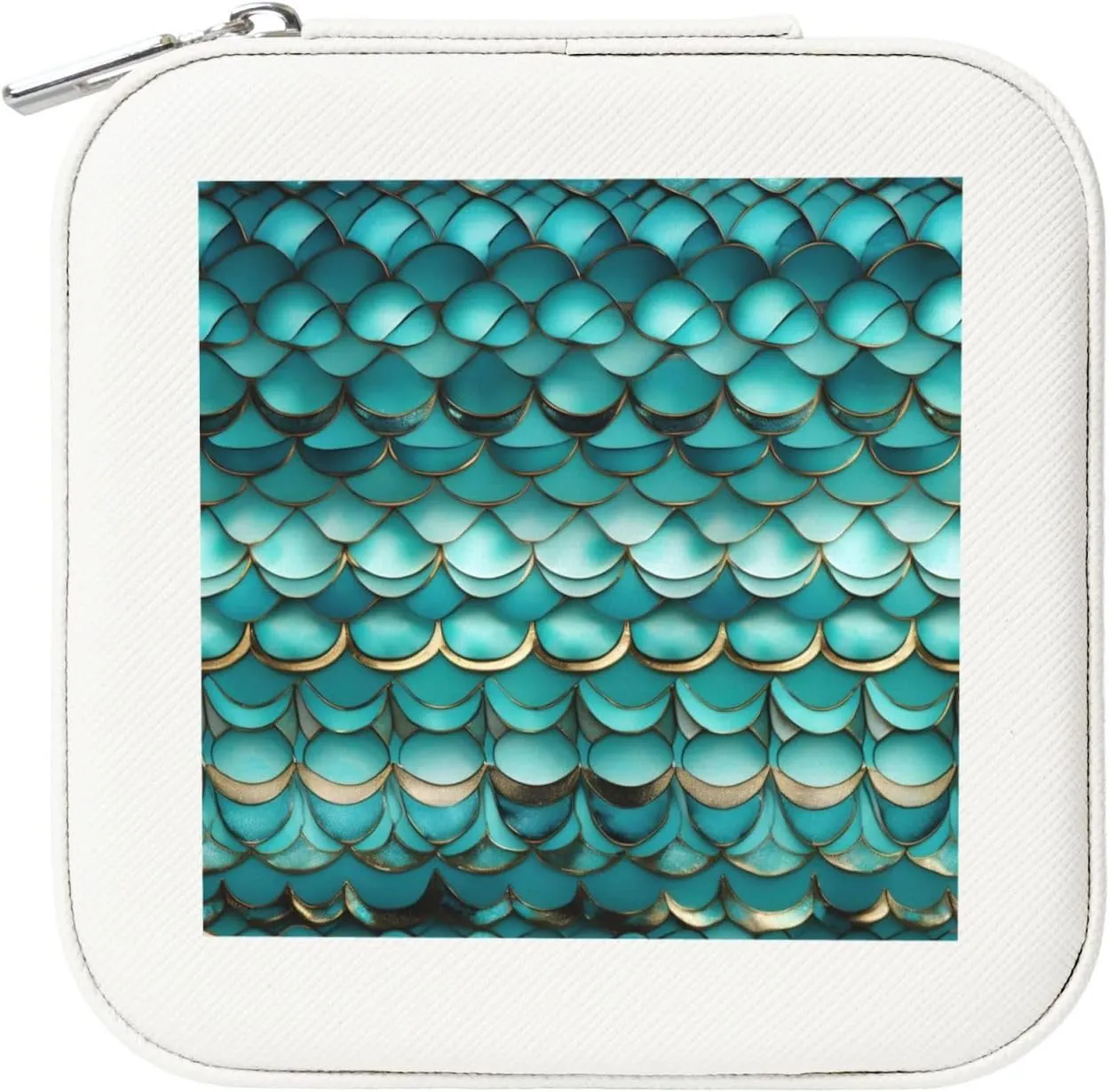 White Square Leather Mermaid Teal Fish Scale Print Jewelry Box â€“ Portable Storage for Rings, Earrings, Necklaces, Bracelets