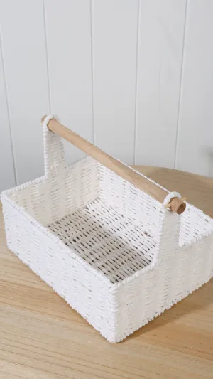 White Storage Basket With Wooden Handle 46 x 33 x 11 cm