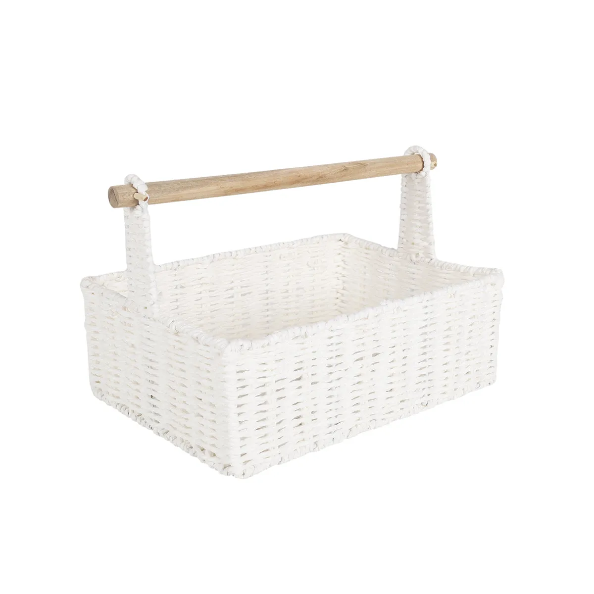 White Storage Basket With Wooden Handle 46 x 33 x 11 cm