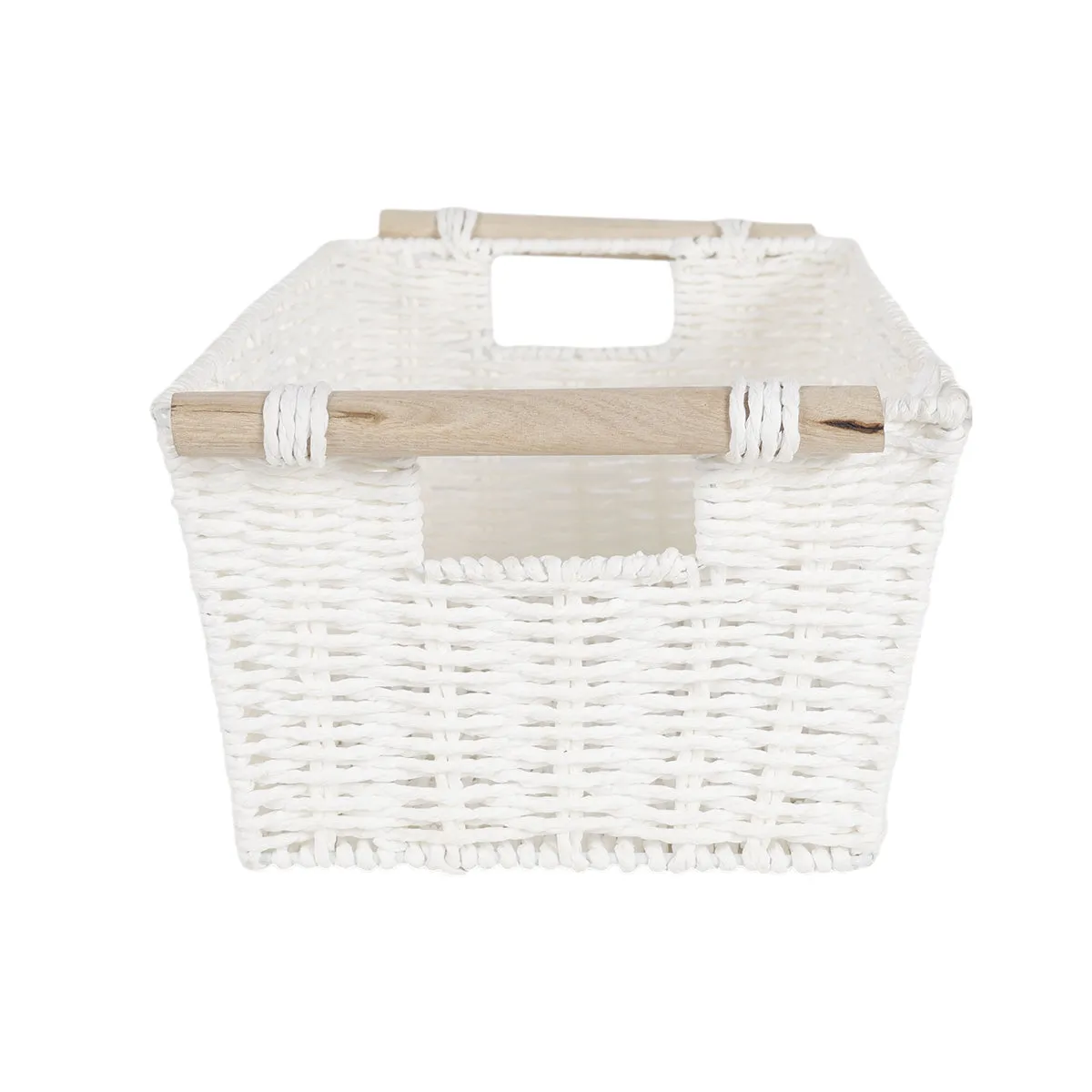 White Storage Basket With Wooden Handles 37 x 24 x 16cm