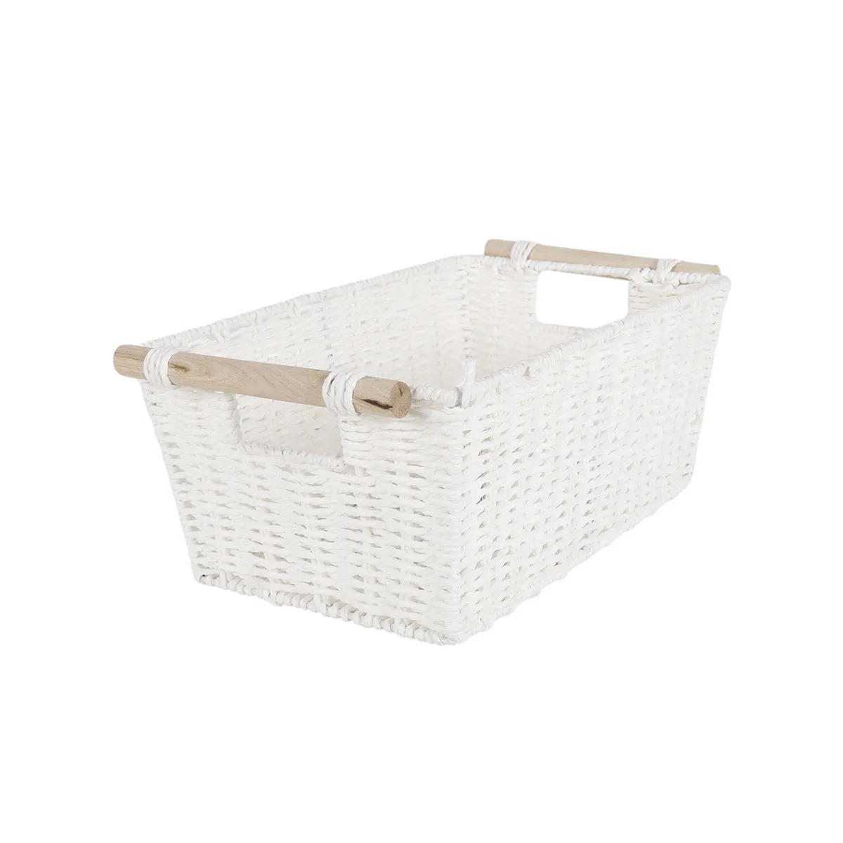 White Storage Basket With Wooden Handles 37 x 24 x 16cm