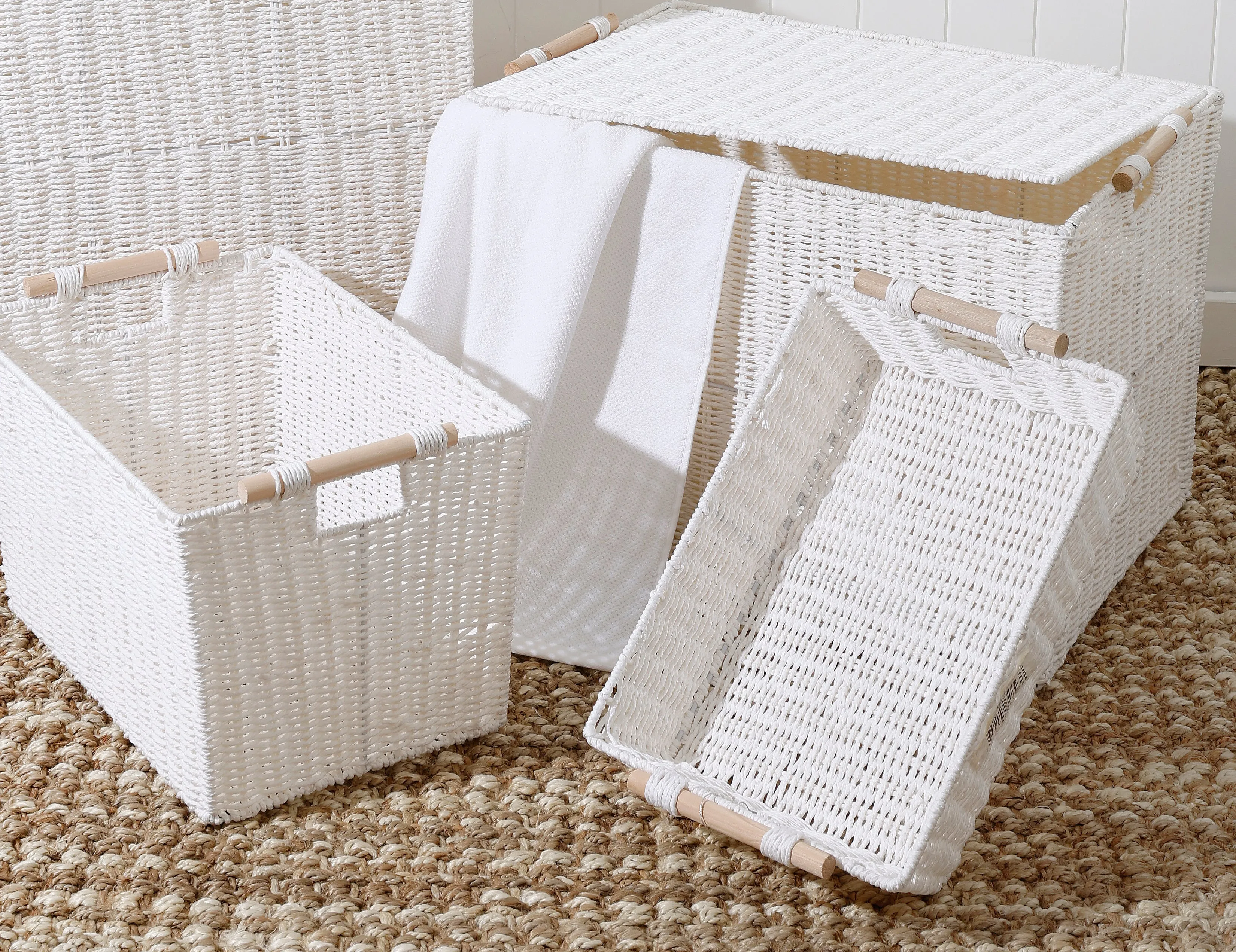 White Storage Basket With Wooden Handles 46 x 33 x 11cm