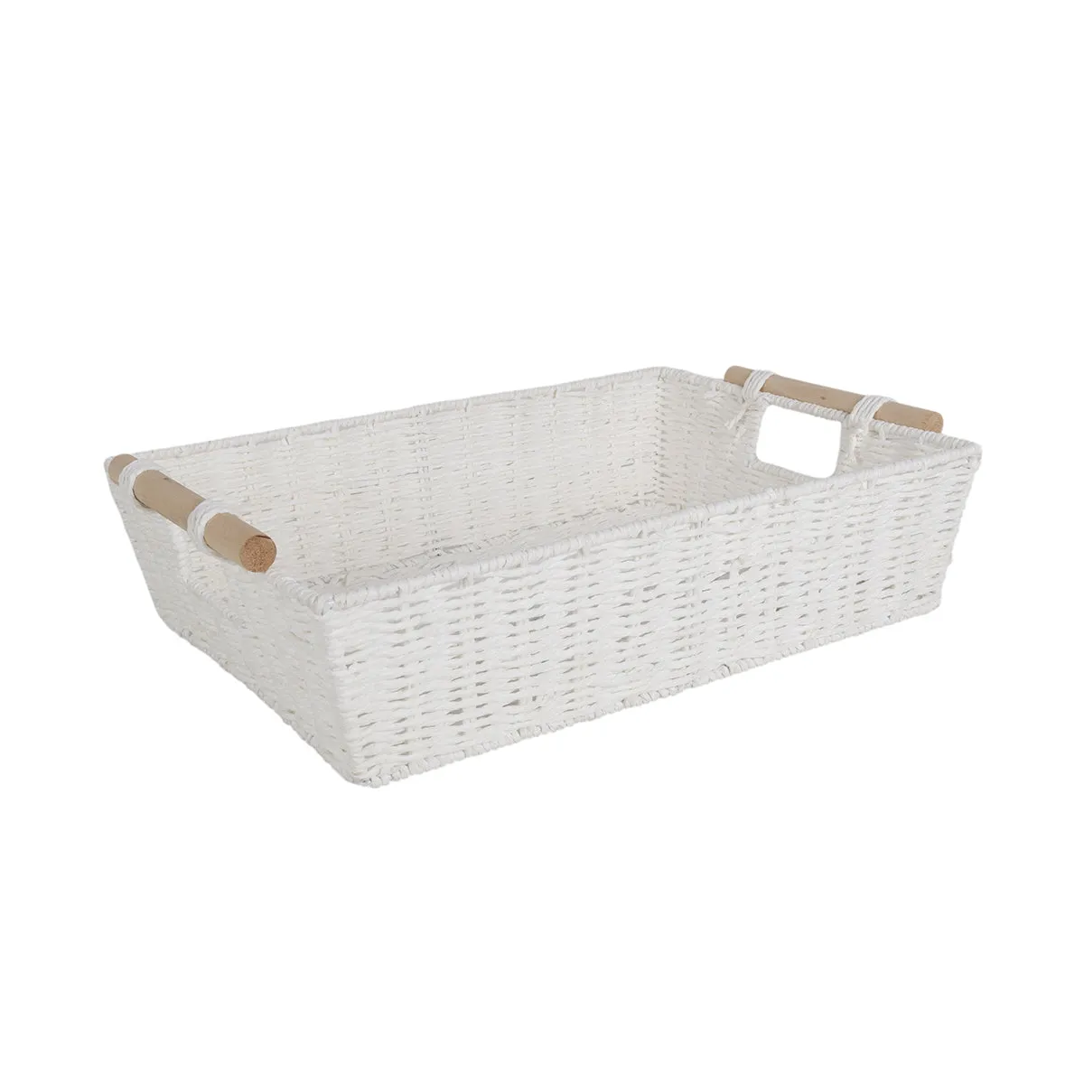 White Storage Basket With Wooden Handles 46 x 33 x 11cm