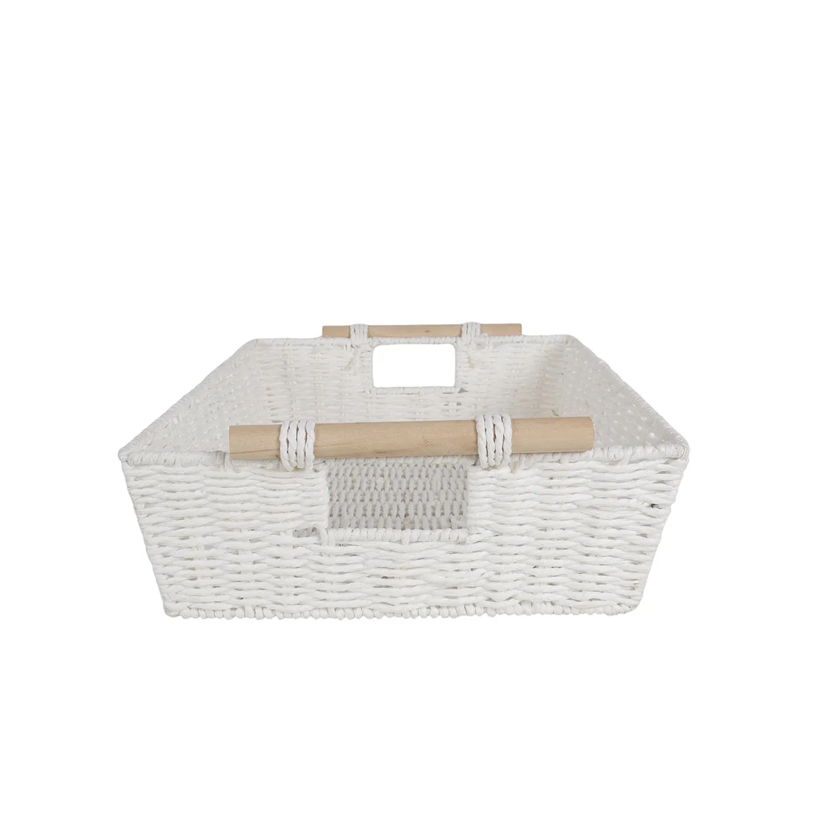 White Storage Basket With Wooden Handles 46 x 33 x 11cm