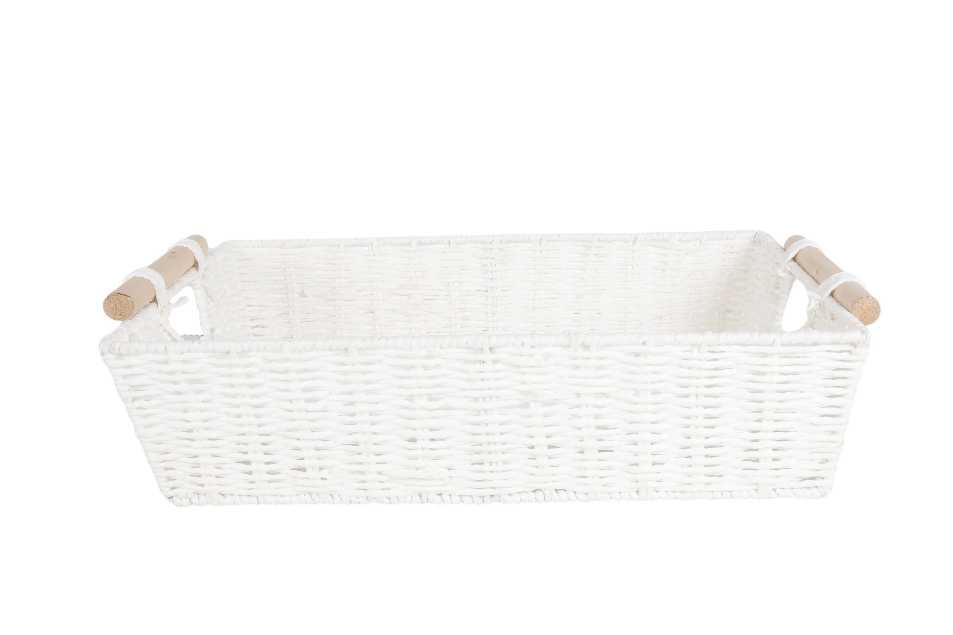 White Storage Basket With Wooden Handles 46 x 33 x 11cm