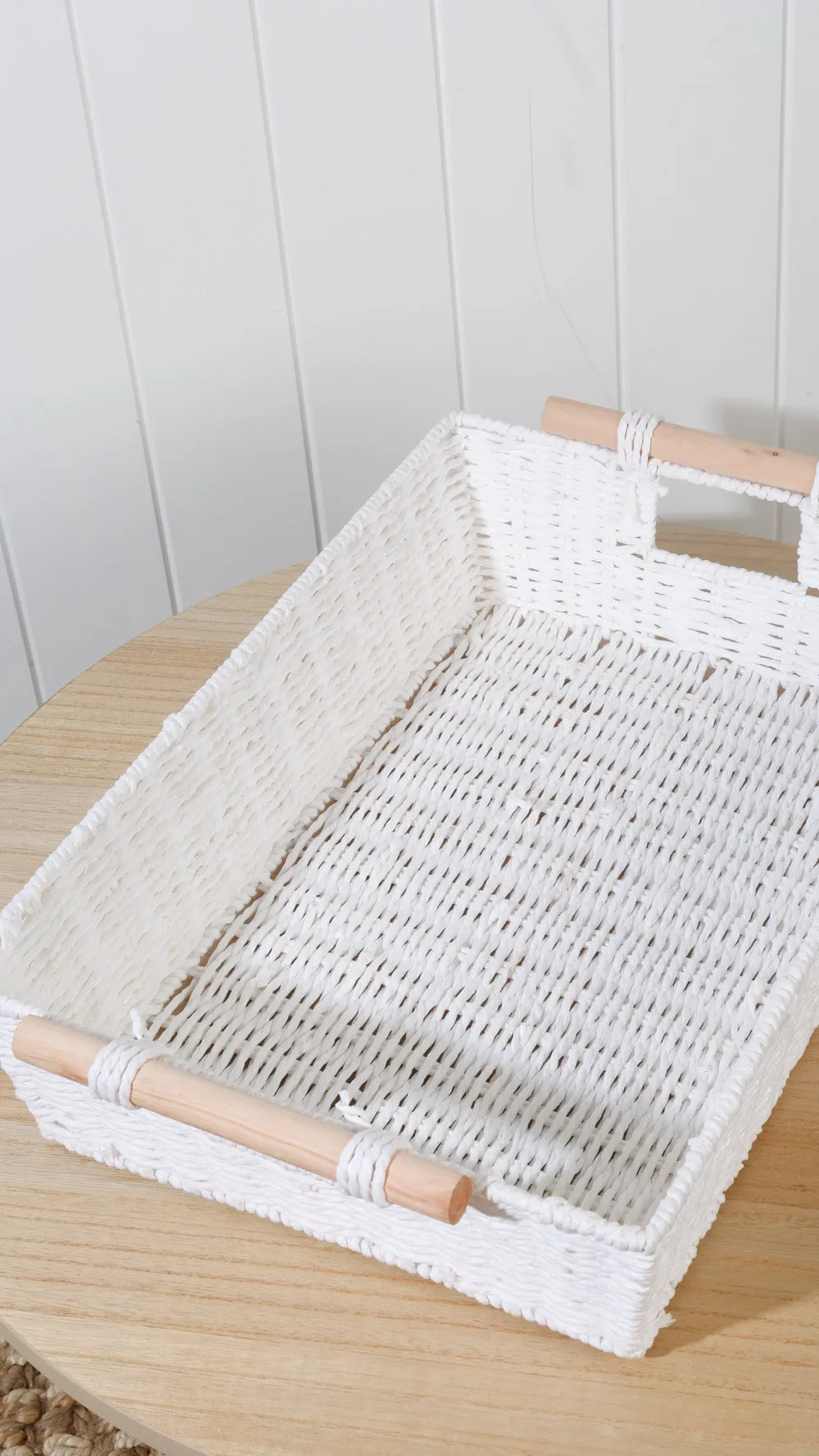 White Storage Basket With Wooden Handles 46 x 33 x 11cm