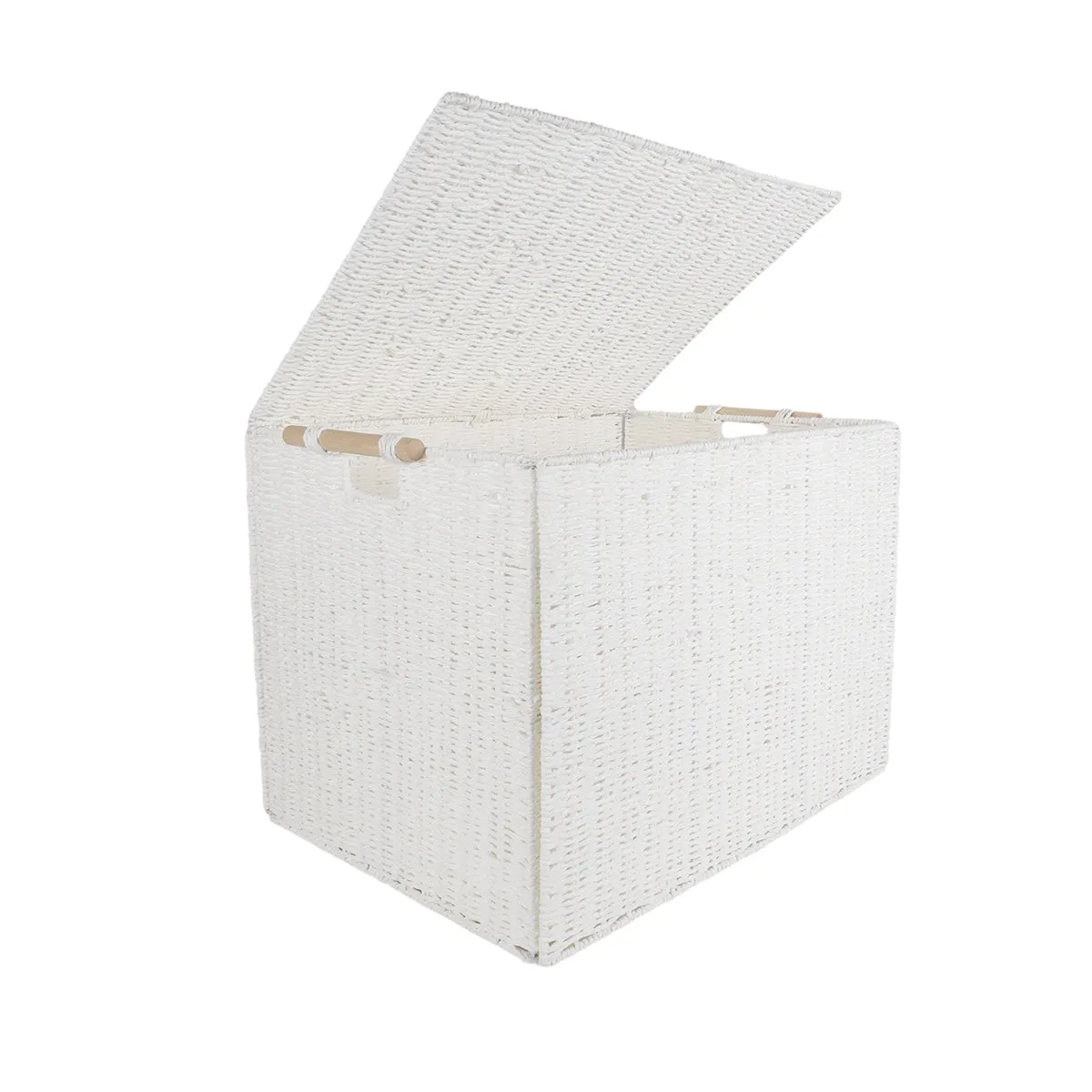 White Storage Basket With Wooden Handles And Lid / Collapsible 62 x 45 x 45cm