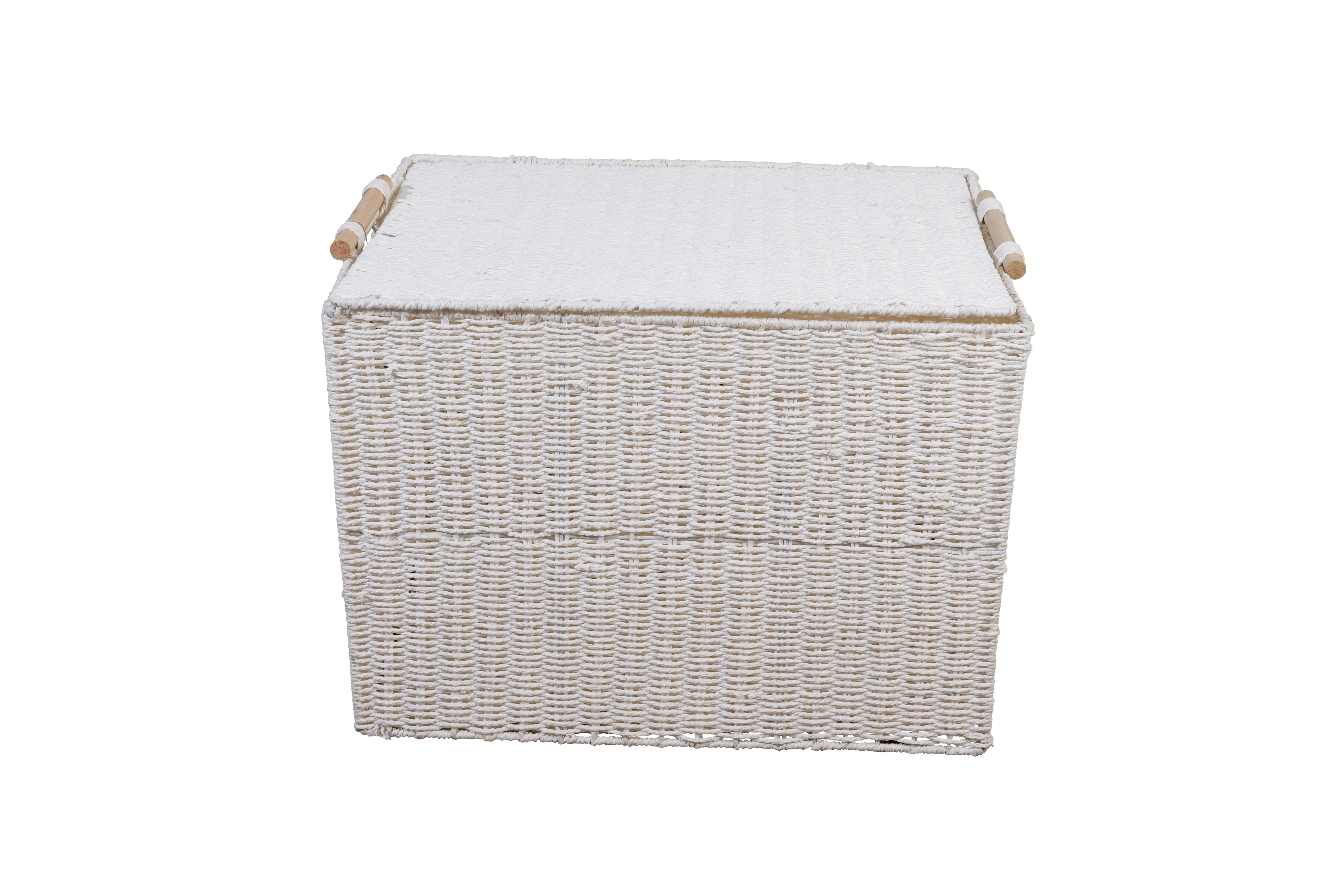 White Storage Basket With Wooden Handles And Lid / Collapsible 62 x 45 x 45cm