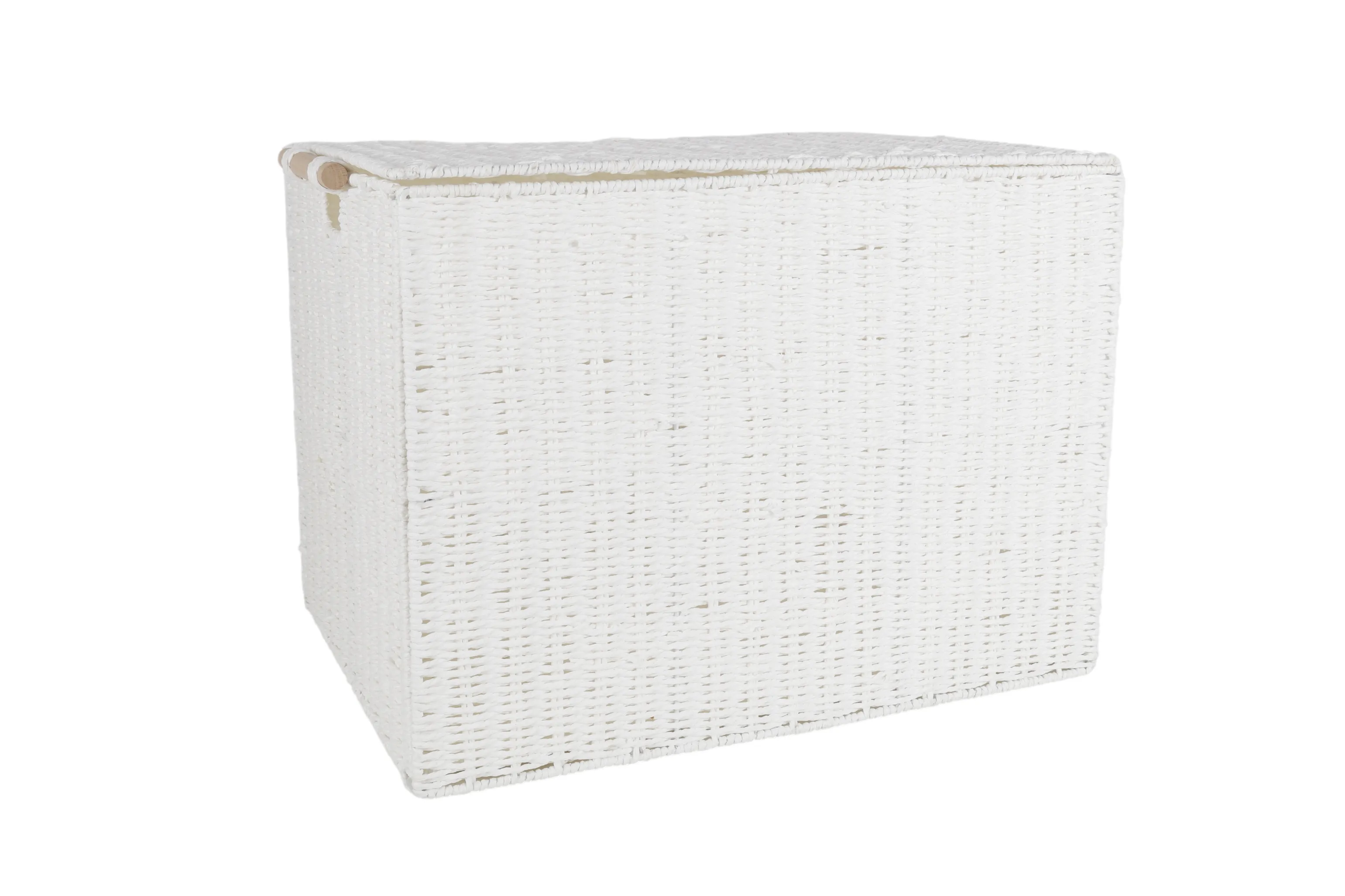 White Storage Basket With Wooden Handles And Lid / Collapsible 62 x 45 x 45cm