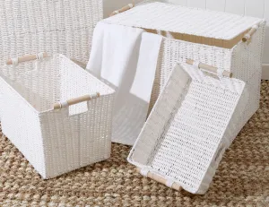 White Storage Basket With Wooden Handles And Lid / Collapsible 62 x 45 x 45cm