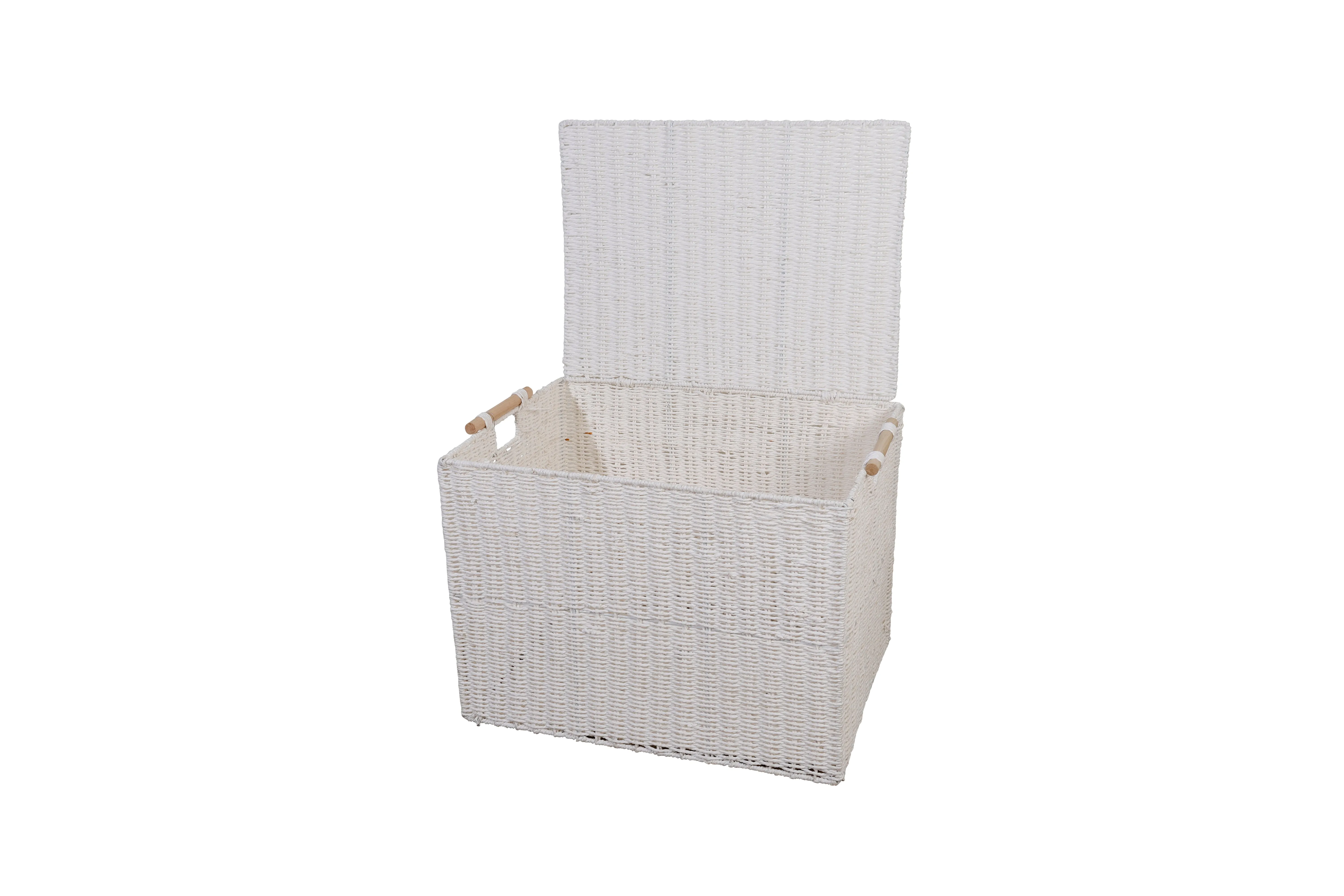 White Storage Basket With Wooden Handles And Lid / Collapsible 62 x 45 x 45cm