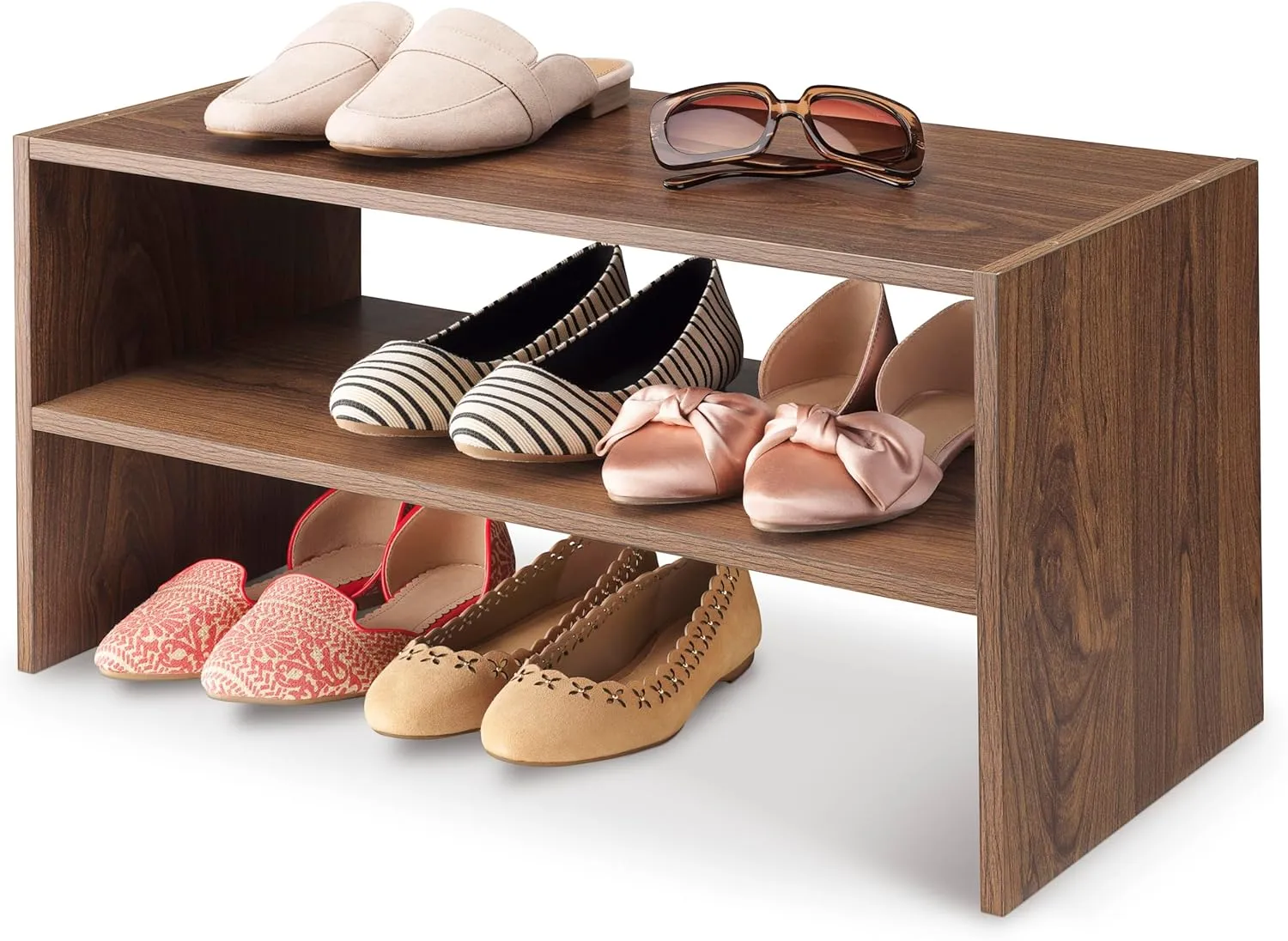 Whitmor Wood Stackable 2-Shelf Shoe Rack, Walnut, 24 inches