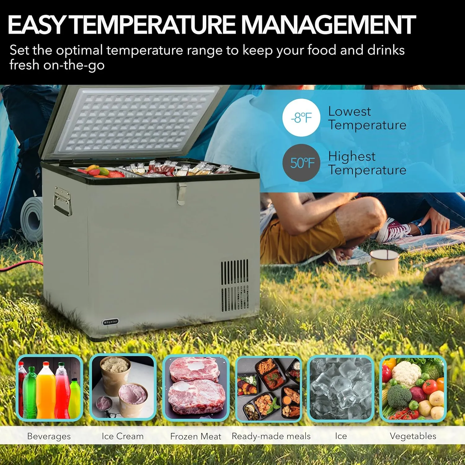 Whynter Qt FM-45G Portable Refrigerator and Deep, AC 110V/ DC 12V, Real Chest Freezer for Car, Home, Camping, and RV with-8°F to 50°F Temperature Range, 45 Quart Dual Zone, Gray