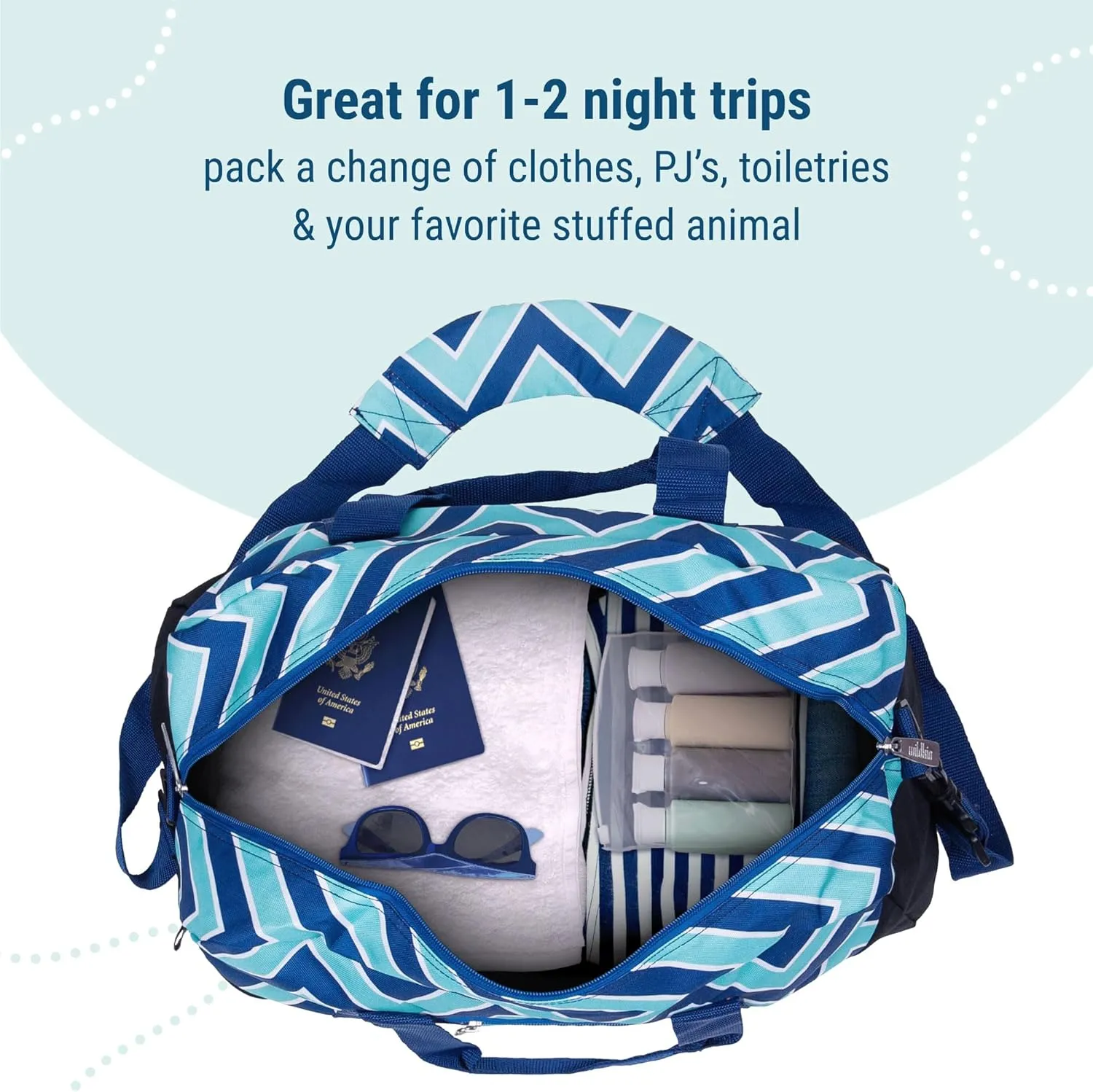Wildkin Kids Overnighter Duffel Bag – Carry-On Size, Ideal for School & Sleepovers – Chevron Blue