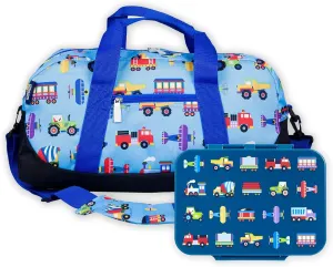 Wildkin Kids Overnighter Duffle Bag Bundle with Bento Box (Trains, Planes, and Trucks